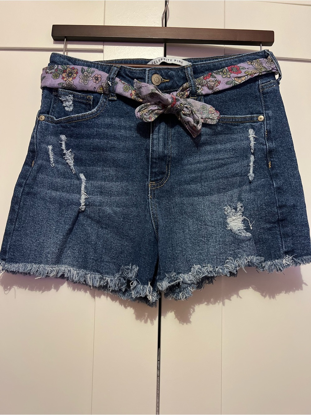 Celebrity Pink Blue Distressed Denim Shorts with Floral Tie Belt
